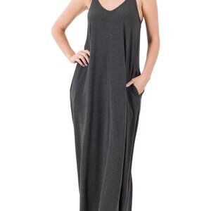 ZENANA Women's V Neck Cami Midi Dress Adjustable Spaghetti Strap Pockets Plus